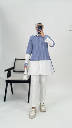 6172-poplin kumaş-çizgili düğmeli tunik-mavi