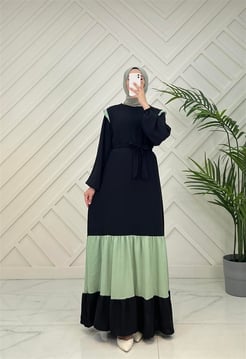 4544 E-89+ ayrobin kumaş-omuz kısmı fırfır detaylı elbise-yeşil