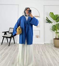 8235-terikoton kumaş-önden bağlamalı kimono-saks mavisi