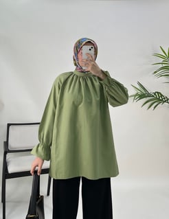 2578-terikoton kumaş-kol lastikli tunik-çağla yeşili
