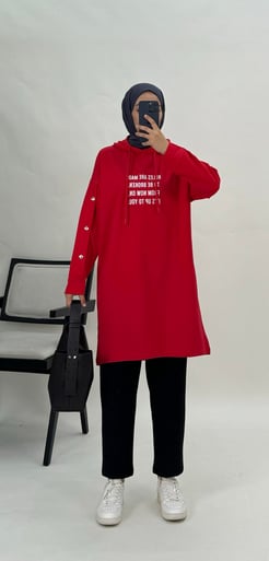 9327-önü yazılı kapşonlu kolları çıtçıtlı sweatshirt-kırmızı