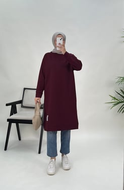 5652-iki iplik kumaş- armalı uzun tunik-bordo