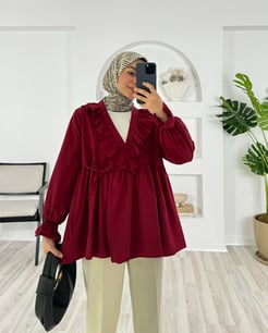 6247-terikoton kumaş-bilek ucu büzgülü önden bağlamalı kimono-bordo