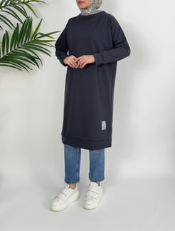 5652-iki iplik kumaş- armalı uzun tunik-füme