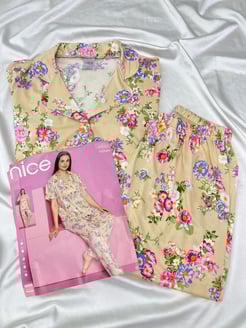 ç4650 - milan kumaş gömlek yaka kısa kollu çiçekli pijama takımı 