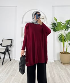 7586-armalı ince triko tunik-bordo