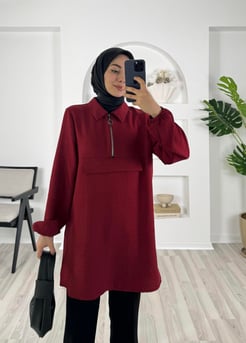 6148-Keten kumaş-yarım fermuarlı tunik-bordo