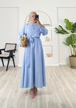 4570 - terikoton kumaş önü baglama detaylı elbise - bebe mavisi