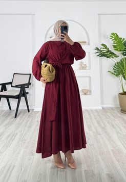 4570 - terikoton kumaş önü baglama detaylı elbise - bordo