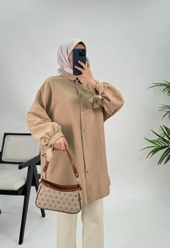 9250 - Kırışık Kumaş Kolları İp Bağlamalı Tunik  Sütlü Kahve