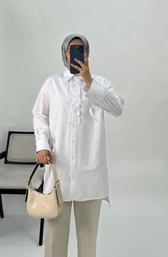 6949 - POPLİN KUMAŞ ÖNÜ FIRFIRLI TUNIK - BEYAZ   