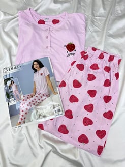 Ç30221 - uzun kollu bambu çilekli pijama takımı - pembe 