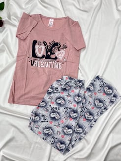 Ç2523 - KISA KOLLU LOVE VALENTINE PIJAMA TAKIMI - PUDRA 