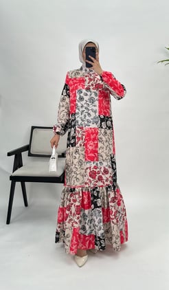 9251-flamlı krep kumaş-çiçekli elbise-kırmızı