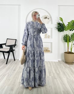 9687-jakarlı viskon kumaş-yarım düğmeli belden bağlamalı elbise-lila