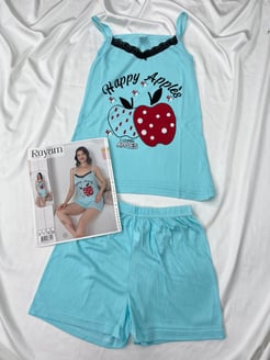 Ç7692 ELMA DESENLİ ÖNÜ DANTELLİ İP ASKILI ŞORTLU TAKIM BEBE MAVİ