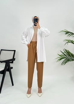 01631 G99+BELİ LASTİKLİ DABIL KUMAŞ HAVUÇ KESİM PANTOLON CAMEL