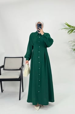 4278-twill kumaş-yanları pileli düğmeli-yakalı elbise-yeşil