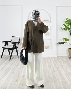 3260-dabıl krep kumaş-yanı yırtmaçlı kimono ceket-haki