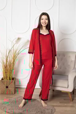 Ç8070 - DANTEL DETAYLI 3LÜ PIJAMA TAKIMI SETİ - KIRMIZI