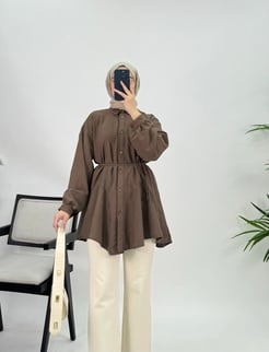 3499 A122+Kırışık Kumaş Kemerli Tunik Kahve