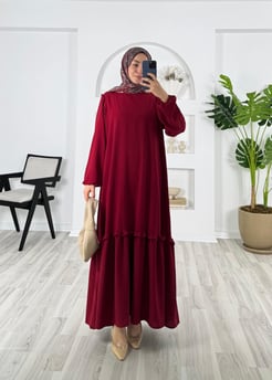 2147-ayrobin kumaş-fırfır detaylı kol ucu lastikli elbise-kırmızı
