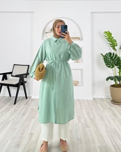 4163-keten kumaş-kemerli uzun tunik-su yeşili