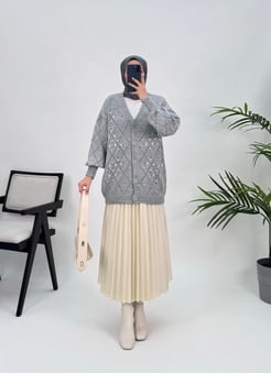 2862 G226+Baklava Desenli Çiçekli Triko Hırka Gri