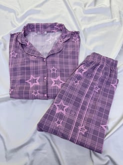 ç14581 - kısa kollu gömlek yaka kareli yıldızlı pijama takımı - mürdüm  
