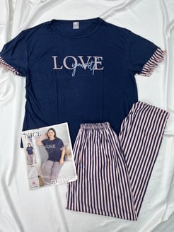 Ç5226 Pamuk Viskon Kısa Kollu Pijama Takımı Lacivert Çizgili