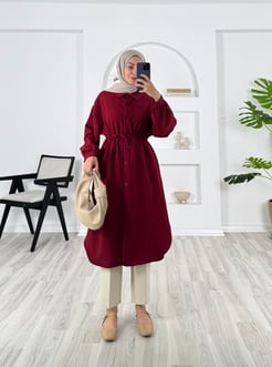 7529-dabıl krep kumaş-kemerli tunik-bordo