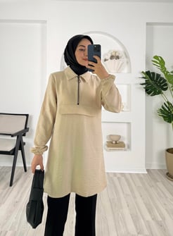 6148-Keten kumaş-yarım fermuarlı tunik-taş