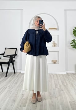 4531-müslin kumaş-önden bağlamalı ve düğmeli kimono-lacivert