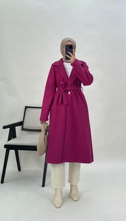 7436-ithal kaşe kumaş-kuşaklı uzun kaban-fuşya
