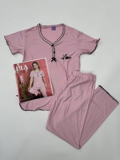 Ç0246 - ÖNÜ DUGMELI KISA KOLLU PIJAMA TAKIMI - PUDRA