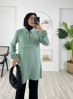6148-Keten kumaş-yarım fermuarlı tunik-su yeşili
