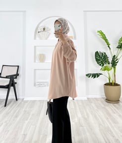6647-dubai kumaş-gizli düğmeli kemerli tunik-pudra