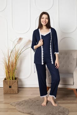 Ç8070 - DANTEL DETAYLI 3LÜ PIJAMA TAKIMI SETİ - LACIVERT 