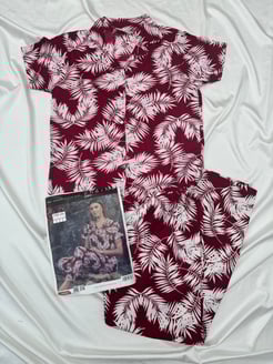 Ç604- KISA KOLLU YAPRAK DESENLİ PIJAMA TAKIMI - BORDO