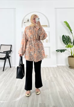 0716-lilium kumaş-vintage desenli gömlek-oranj