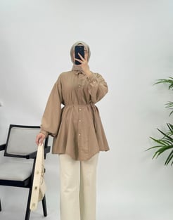 3499 A122+ Kırışık Kumaş Kemerli Tunik Sütlü Kahve