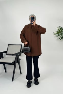 7167-Linda kumaş-düz model düğmeli tunik-acı kahve