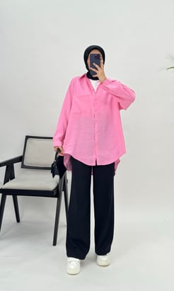 2323-modal kumaş-sol tarafı cepli tunik-pembe