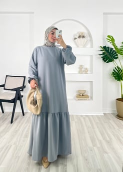5237-yerli ayrobin kumaş-kemerli etek altı fırfırlı elbise-gri