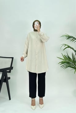 2059 B68+Sofia keten kumaş boydan düğmeli tunik taş