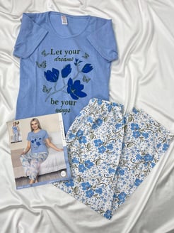 Ç3073 -  KISA KOLLU ÇİÇEKLİ PIJAMA TAKIMI - MAVI 