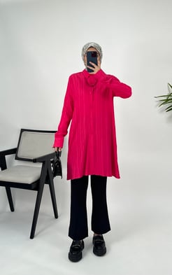 3237-nada kumaş-kolyeli kloş tunik-fuşya