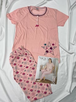 Ç6935 Pamuk Viskon Kısa Kollu Pijama Takımı Somon Yıldızlı 