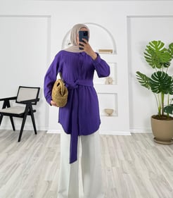 4790-nada kumaş-kendinden kemerli gömlek-mor