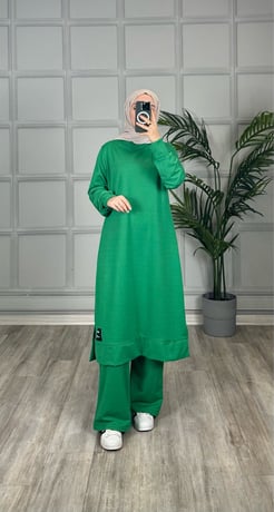 7894 C113+iki iplik kumaş tunik takım yeşil